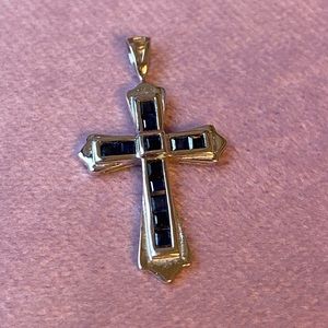 NWOT white gold and sapphire cross pendant